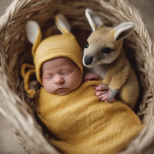 Prompt: newborn baby yellow costume wallaby , lovely , cinematic detail