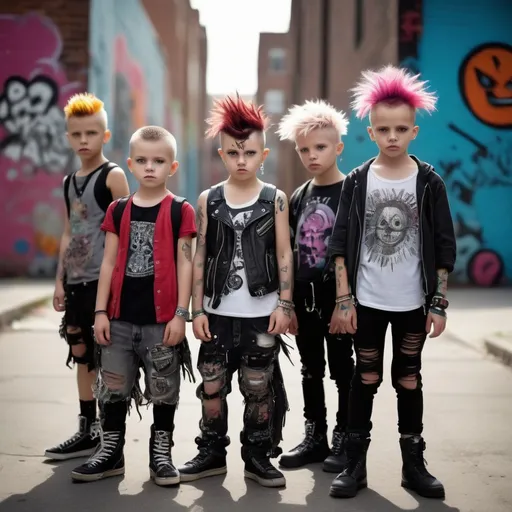 Prompt: A group of punk kids standing together, captured in a style resembling a raw, unedited photograph. The kids should have exaggerated, circle-shaped faces, reminiscent of characters from collectible card games or mobile games, giving a vibrant and playful vibe. The photographic style should convey realism, with natural lighting, shadows, and a depth of field like that of a camera lens. The background should include elements like urban graffiti, colorful plants, and whimsical, street-style art, all portrayed in a realistic photographic manner. The perspective should be from a low angle, looking upwards, to give a natural and spontaneous feel to the image, as if taken in a real urban setting.