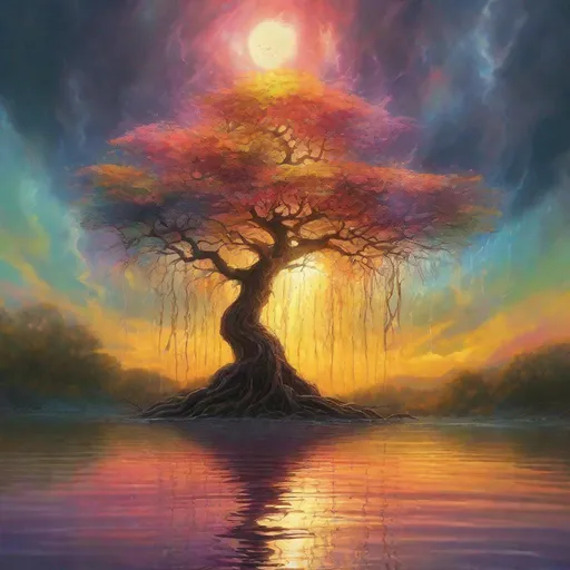 Prompt: A tree stands in the middle of the water, one sun hangs on the top of the tree, and nine suns are under the branches, taking turns taking showers, Fantastic, colourful, beautiful, Fantastic, realist style, artistic, and colorful, it is a masterpiece, high-definition, and of high quality