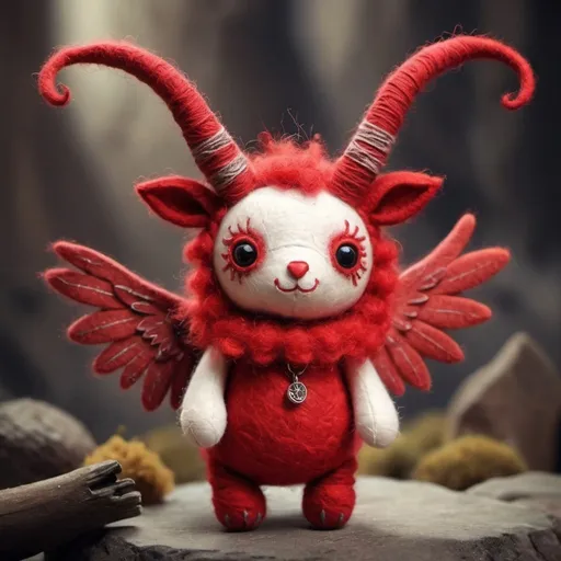 Prompt: Handmade creatures, tiny and cute, fantasy with horns and wings, toy, red,
 crafted textures, wool and tissue materials, magical atmosphere, digital painting