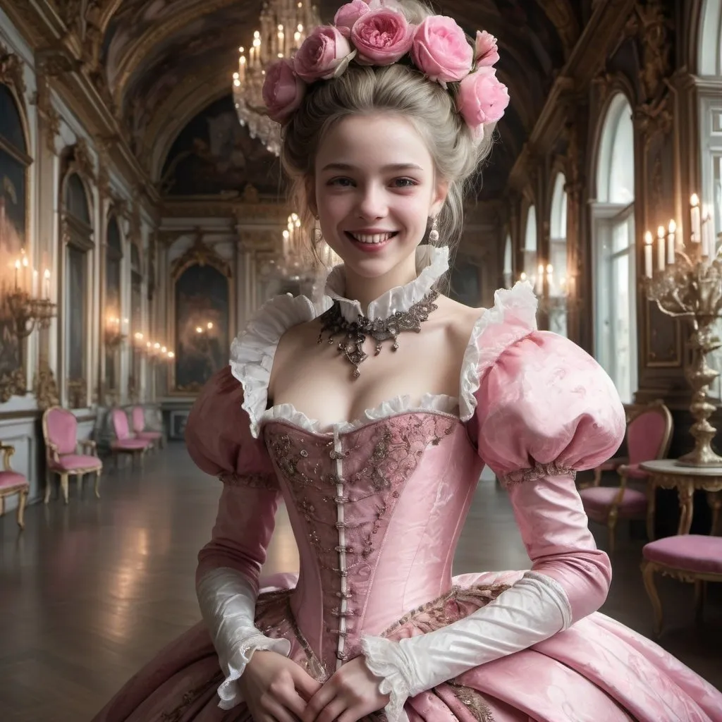 Prompt: princess  at a ball in the Rococo hall, dress half pink, half white, studded collar, small details, smiling, huge fangs, radiance, flowers, cracks, thorns, full length, slightly at a distance, volume, guro, anatomy, hyper realistic , nightmare aesthetics, horroblood style,  reality, symbiosis, hybrid, abstraction, deep rendering, professional photography, cinematography, full detail, elaboration of hands and fingers