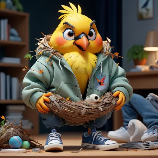 Prompt: Extremely realistic bird. In a sweatshirt, jeans and sneakers. Making a nest. Volumetric lighting, maximalist photo illustrations, 8K concept art, meticulously detailed, complex, expansive, fantastical.