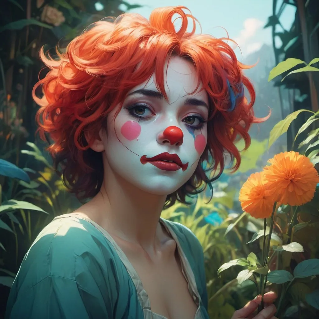 Prompt: Clown girl embodying vengeance, inspired by Ilya Kuvshinov's character design, Loish's color sensibilities, Carne Griffiths' line work, set against a botanical backdrop akin to Maria Sibylla Merian's, infused with the atmospheric depth of Greg Rutkowski, Rhads, Beeple, and the whimsical ingenuity of Makoto. Masterpiece. , unreal engine, greg rutkowski, loish, rhads, beeple, makoto shinkai and lois van baarle, ilya kuvshinov, rossdraws, tom bagshaw, alphonse mucha, global illumination, detailed and intricate environment