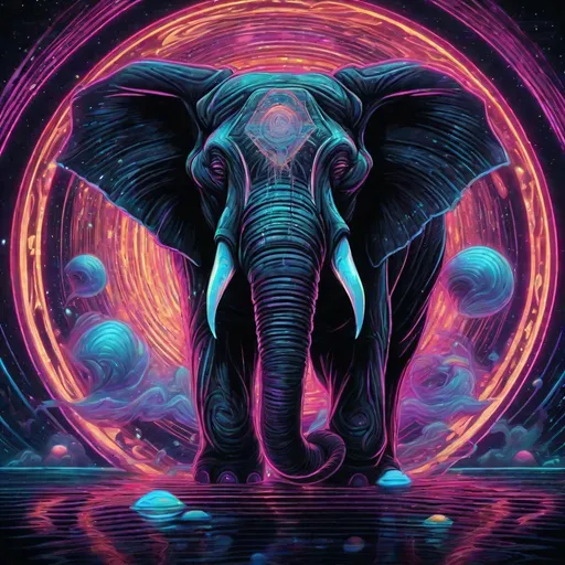 Prompt: Hypnotic hologram illustration of an open elephant floating in space, hypnotic psychedelic art by Dan Mumford,  vibrant, dribbble, quantum wavetracing, dark glow neon paint, black background, behance hd 