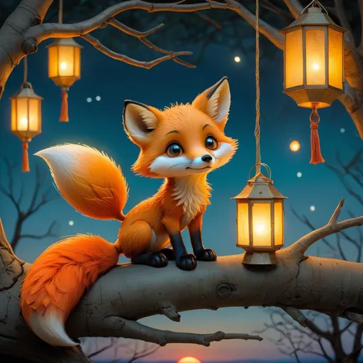 Prompt: Cute baby fox up on a tree branch with lanterns seeing sunset, colorful storybook illustrations by John bauer