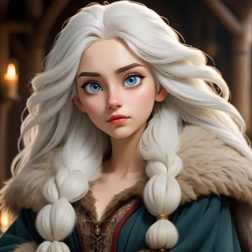 Prompt: beautiful 20 year old women with white hair, white eyebrows, light skin, realistic, ultrarealistic, high quality art, bright eyes, long hair, beauty, real, long hair, symmetrical, anime wide eyes, fair, delicate, medieval, wearing a big fur coat 