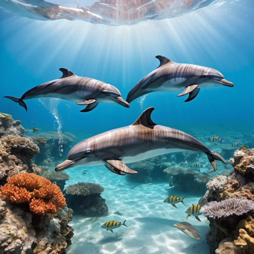Prompt: A bunch of dolphins with sparkling water and coral reefs