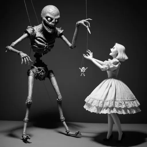 Prompt: A monster using the marionette of a lovely maiden as a lure to draw in unsuspecting victims.