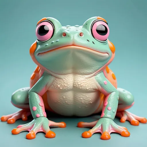 Prompt: Cute little frog in pastel colors of pink, orange and teal