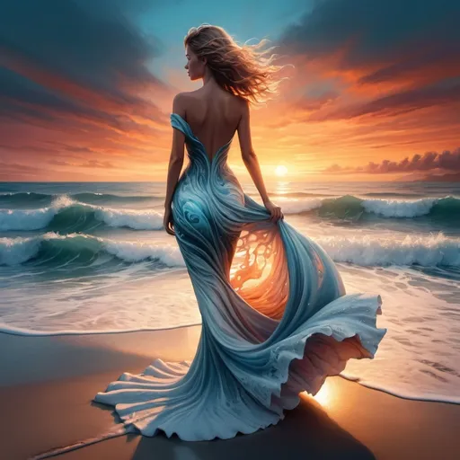 Prompt: 3D HD 8K DOUBLE exposure a woman standing on a beach next to the ocean with a magnificent sunset with a wave crashing in front of her, she has on a magnificent long dress that flows into the sea foam, bottom of dress is very full and irredecent it is made of swirling sea foam Cyril Rolando, fantasy art, highly detailed digital painting, an airbrush painting