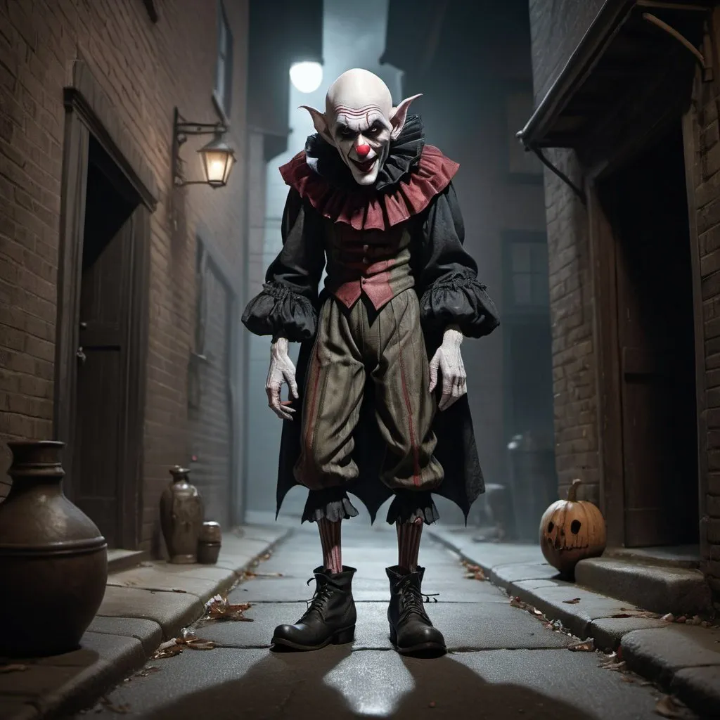 Prompt: Nosferatu Clown Skul Ghost standing up with boots on a corner of an alley., trending on artstation, sharp focus, studio photo, intricate details, highly detailed, by greg rutkowski