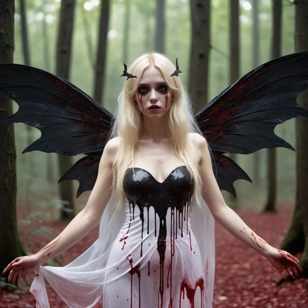 Prompt: A fairy with blonde hair and black sparkling wings. Blood dripping down her body dressed as a ghost in the middle of the forest. 