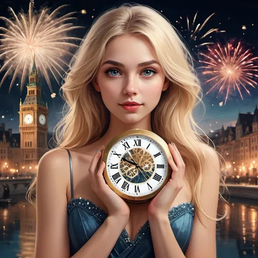 Prompt: half body of a  beautiful woman, blond long hair face in the camera wear a party dress, she holds in her hands a big clock shows exact the time 11:55 p.m, perfect humans hands and fingers, new years evening city night background with fireworks, , digital painting, ultra sharp focus, winter landscape background, perfect hands and fingers, cute, adorable, fairytale, storybook detailed illustration, cinematic, ultra highly detailed, tiny details, beautiful details, mystical, luminism, vivid colors, Mysterious