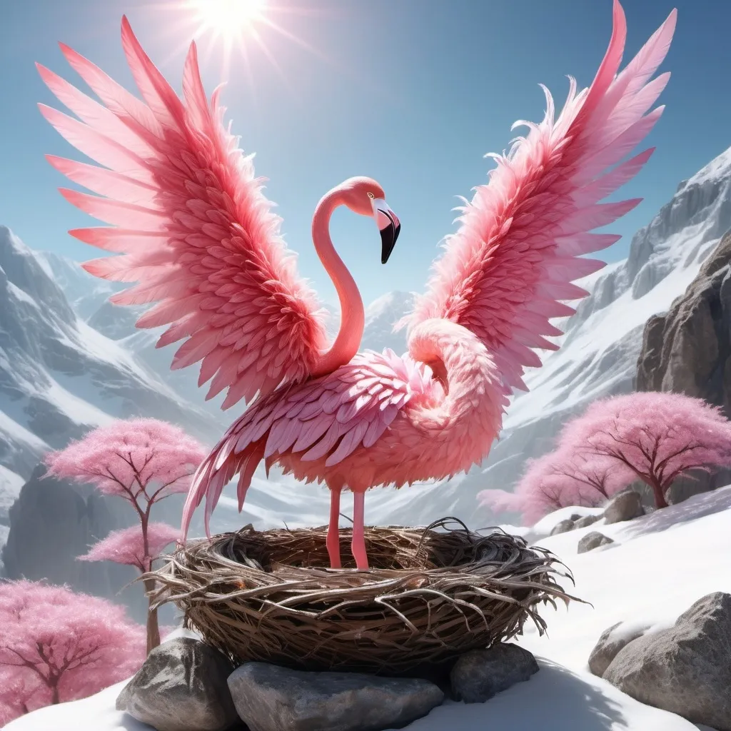 Prompt: a fairy tale fairy with wings in a nest, a costume made entirely of feathers, cherry shades, huge flamingo wings, on top of a snowy rocky mountain under the sun, beautiful, hyperrealism, epic, high, 4k, high detail, uhd resolution, shimmering with brilliance, fantasy, drawing, sakura petals in the air, gently, 