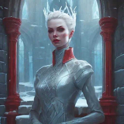 Prompt: Ice queen in a castle made our of ice, red make-up, realistic lighting, realistic face, realistic reflections, could, ice, professional ominous concept art, by artgerm and greg rutkowski, an intricate, elegant, highly detailed digital painting, concept art, smooth, sharp focus, illustration, in the style of simon stalenhag, wayne barlowe, and igor kieryluk., trending on artstation, sharp focus, studio photo, intricate details, highly detailed, by greg rutkowski