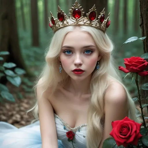 Prompt: <mymodel>Fairy tale, beautiful girl with white skin, (perfect face), light golden hair, blue pupils, red lips, forest style, mysterious, vintage fashion-dresses, with a transparent crystal crown on her head, the woman's body is so white Glows, (high detail) sitting on an oversized red rose, hyperdetail, ultra high definition.<mymodel>