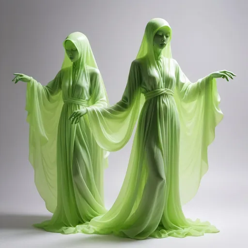 Prompt: Lime green Poltergeist ghostly figures, silouet plastic, slumped/draped, xiaofei yue, hurufiyya, in the style of ethereal calm and serene beauty, mysterious beauty, wrappedbio-art, Artgerm 