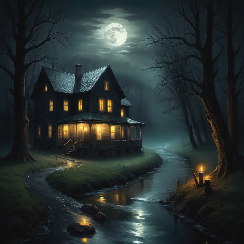 Prompt: Ineffable, Tonalism, a river running through a forest under a full moon, horror artwork, floating candles, dark road, location of a dark old house, dramatic ambient light, creeping gloom, treacherous road, stream of water, hexglow, moonshine