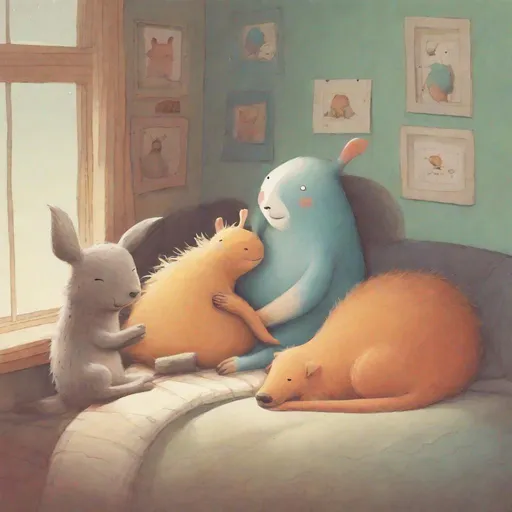 Prompt: happy friends cuddling, cute critters, by oliver jeffers