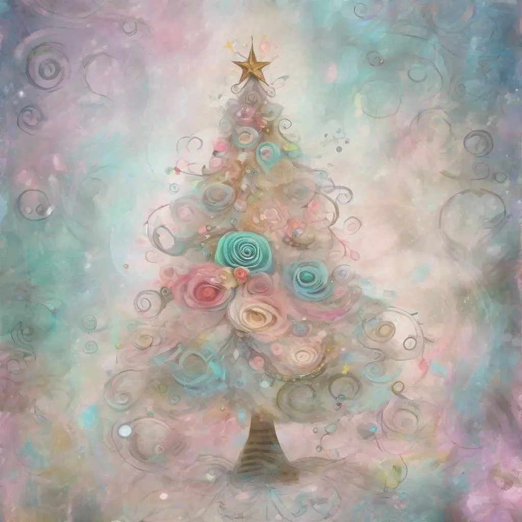 Prompt: shabby chic dreamy mist pastel junk journals 
whimsical cute quirky christmas tree dance with big eyes in odd clothings, tamara laporte style, 
swirling magical fairytale abstract art style