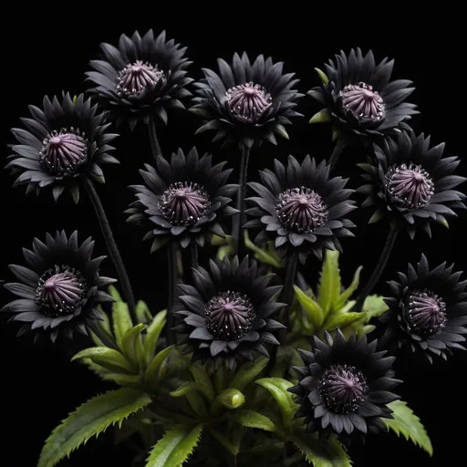 Prompt: Realistic photography. Close up shot of 13 black carnivorous flowers on a black background. Depth of field. Complex composition. 
