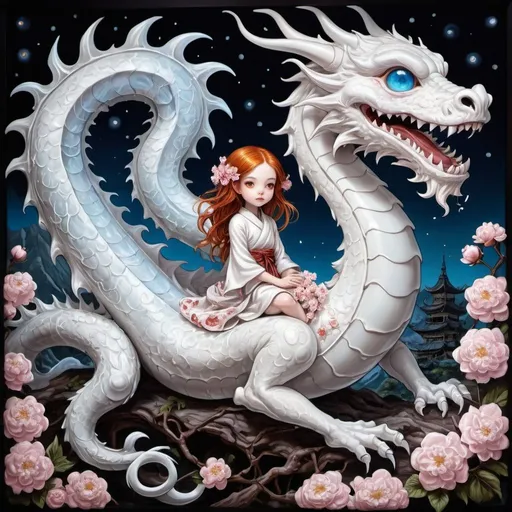 Prompt: surrealism,  cute tiny  ginger-haired ghost Yokai  girl  sitting on a   big Asian  ghost dragon made of cherry flowers, cute little ghosts, acrylic painting on glass, Victorian fairy painting, fantasy, fairytale,  , ultra highly detailed, , 32k,  Asian folklore,   by Craola,  luis royo
 Dan Mumford,   Todd Lockwood, storybook illustration,    extremely big sharp  blue glowing   eyes, detailed night sky,  moon, moonlight,  windy, falling petals, night,  golden stars, clouds, mountains, , stained glass, , mystical, unusual   intricated, masterpiece, high quality, vibrant colors, attention to details, 