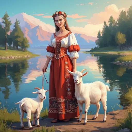Prompt: Fantasy cartoon style beautiful young lady in a Slavic traditional dress and one baby goat next to her. They are standing on the magical shore of the lake