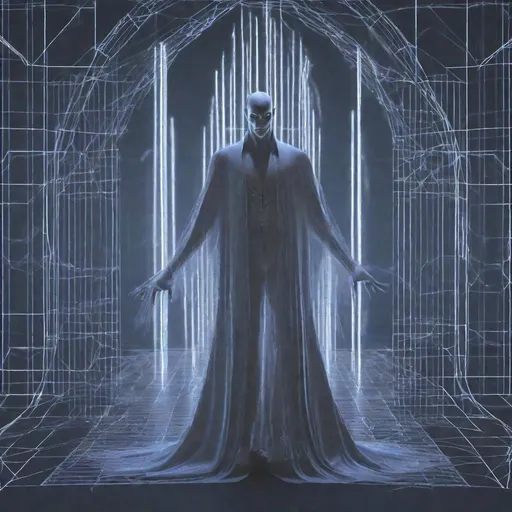 Prompt: Design a 3D hologram of a vampire with long gown, focusing on clean lines and shapes. The vampire's form should be reduced to its most basic, abstract elements, resembling a wireframe or a digital projection. Emphasize a transparent quality, with the vampire image composed solely of luminescent lines, and geometric shapes. This hologram should give the impression of a digital projection, with no visible skin or physical features. It's a representation of the vampire as a pure, abstract form, evoking a sense of gothic elegance. The lines and shapes in this hologram should be predominantly white in color