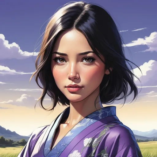 Prompt: illustration photographic front view, looking from below,
 
masterpiece intricate hyperdetailed best quality flat color pastel mix pencil sketch Olivia Munn, melancholy beautiful woman cheerful hopeful and anxious, standing on grass valley, black fluffy hair, hyperdetailed, wearing purple kimono, detailed face, brown eyes, tan skin, by Ilya Kuvshinov and Yoji Shinkawa 

scenic view landscape 2D flat color gigantic abyss hole vector background, action shot, extreme long shot wide view, full frame wide angle,

sunshine, blue sky, cinematic lighting,

precise hard pencil strokes, thick and hard pencil outline,

hyperdetailed 2D vector concept art picture, vector, illustration, character concept,

2D fantasy concept art style, inspired by final fantasy art, adventure, inspiring, colorful, heroic fantasy art,