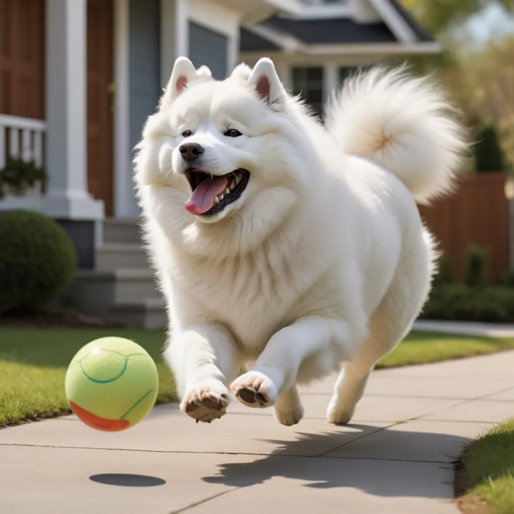 Prompt: Draw in profile, an adult Samoyed dog, with a ball stuck in her mouth, running with a ball in her mouth, very happy, in front of the house, with lots of details, inspired by Disney, Pixar and Dreamworks.