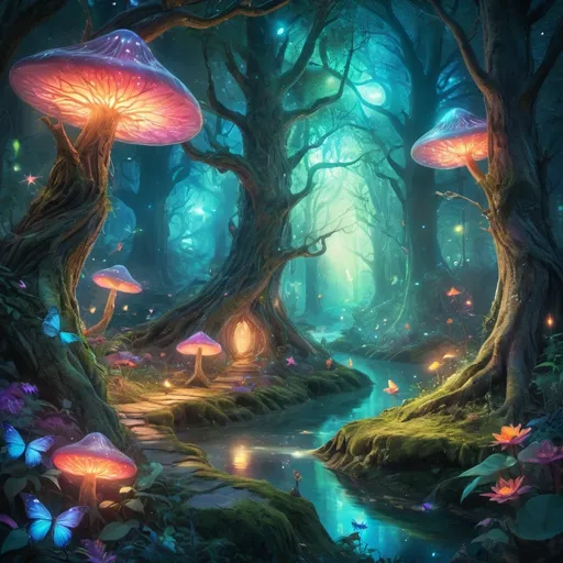 Prompt: Vibrant fantasy artwork featuring a mesmerizing magical forest, ethereal glow, enchanting fairy creatures, surreal and dreamlike ambiance, mystical aura, high-resolution, detailed fantasy, vibrant colors, magical lighting, whimsical, fantasy art, enchanting, otherworldly, mesmerizing, vibrant, dreamy, surreal, fairy creatures, ethereal glow, magical forest, highres, detailed, fantasy