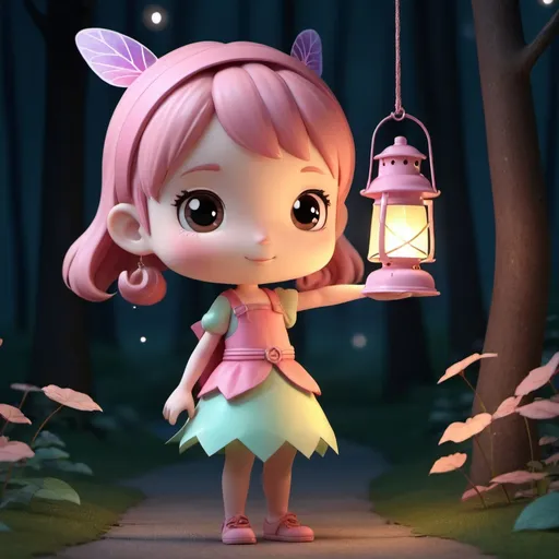 Prompt: 3D animation, kawaii, fairy age 5 holding a lantern 