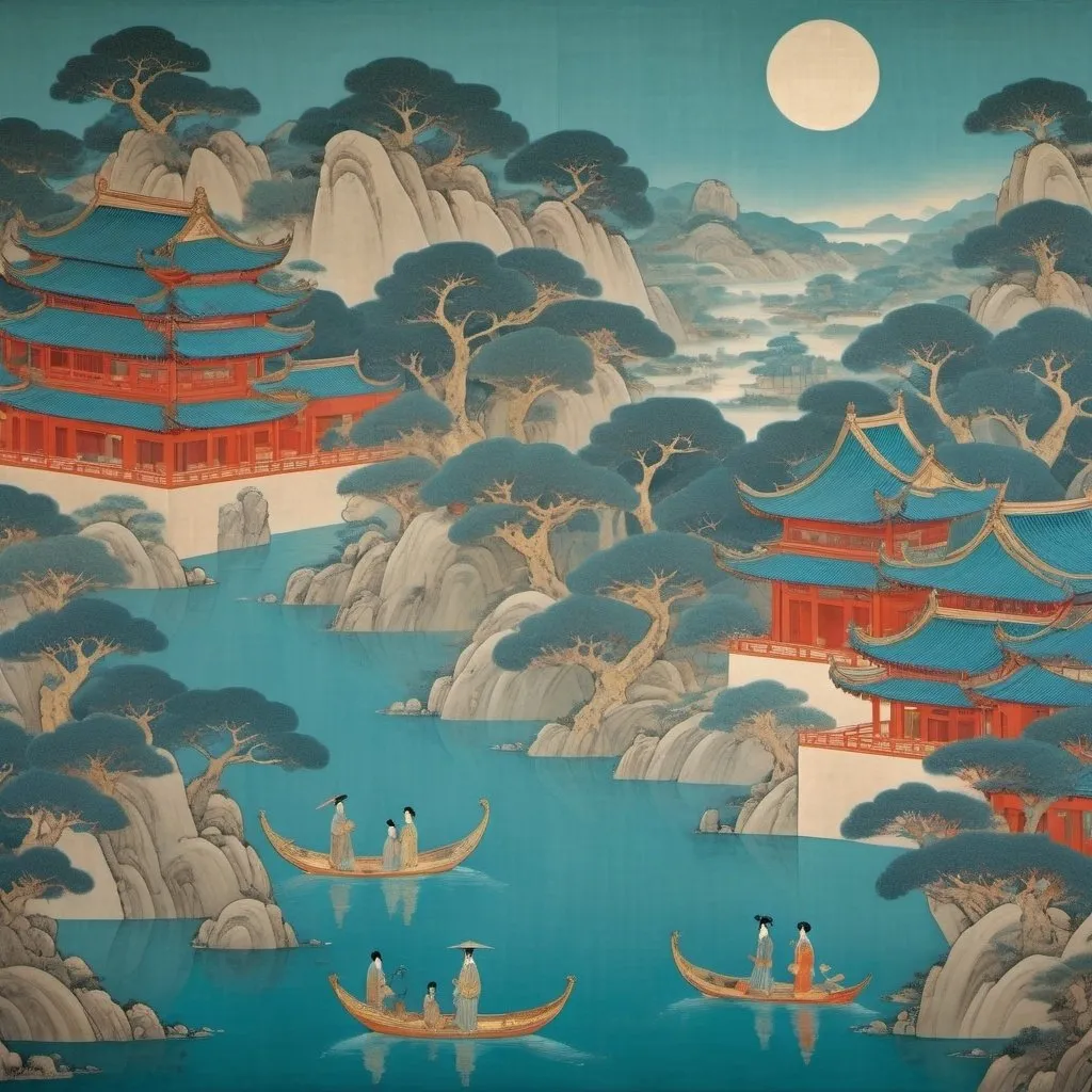 Prompt: Minimalist Song dynasty mural by Gustav Klimt, Charley Harper, Roger Dean, Dream of Red Mansions,Heian period, Zen, Viridian and light blue style, enigmatic figures, elegant cityscape, historical painting, super fine detail, monumental mural,Fine brushwork style, new Chinese style, aesthetic conception, Eastern aesthetics, landscape painting

