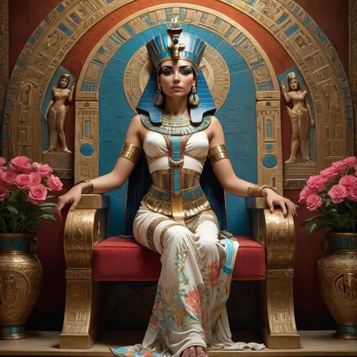 Prompt: Queenly figure echoing the grandeur of Cleopatra, gently commanding, eyes locked with the camera, seated upon a lavish throne, face etched with sagacity, backdrop adorned with complex floral and hieroglyphic motifs, digital painting, detailed with ultra fine precision, enriched by vivid colors, crafted with high detail.