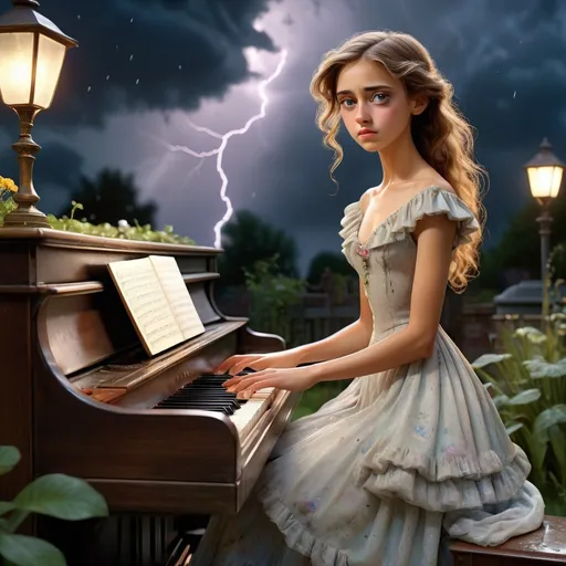 Prompt: Adolf Menzel style, evening old piano in the garden played by a skinny full-length pianist, young insanely beautiful girl in a beautiful evening dress, it's raining with a thunderstorm, good facial features, big expressive eyes, (((good hands)))), insanely beautiful sky, oil painting, heavy strokes, paint stains, volumetric lighting and shading, beautiful detailed complex, insanely detailed concept art, very high quality, super detailed, hyper realistic, natural lighting, RTX, HDR, 8K, TXAA, 3D,