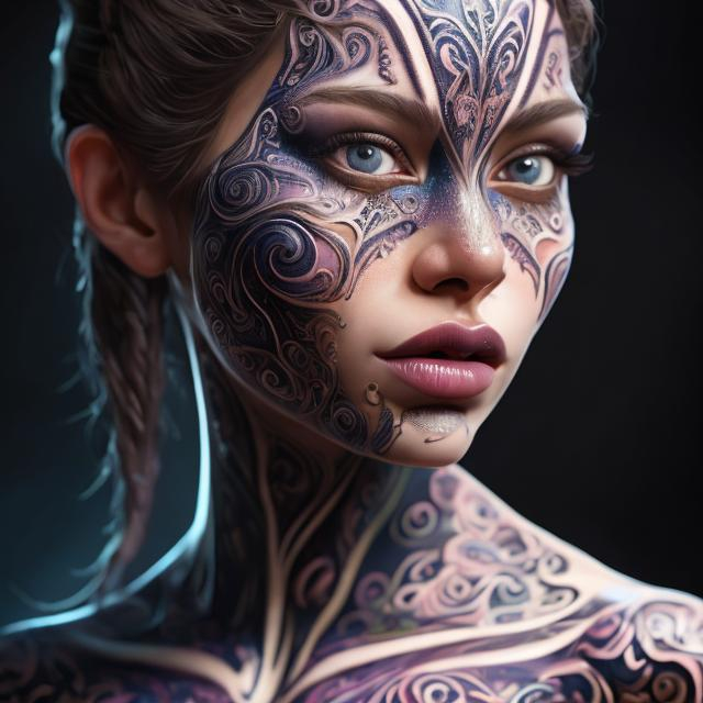 Prompt: Hyper realistic of bold and beautiful girl, beautiful bodyart, full body view, bold realistic look, intricate detailed, omnilight, sharp focus detailed, sf, intricate artwork masterpiece, 8k resolution masterpiece, sharp focus, 