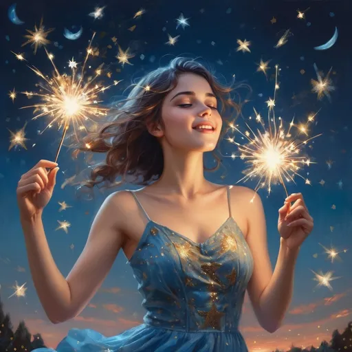 Prompt: girl with dancing sparklers, confetti, star, sky, fairy, beautiful, joy, moon, star, glowing, starry night, lights, starry, in the style of realism with fantasy elements, detailed atmospheric portraits, faith-inspired art, light gold and sky-blue, fantastic, romantic scenery, rimel neffati --ar 81:58 --v 5.2 --s 100