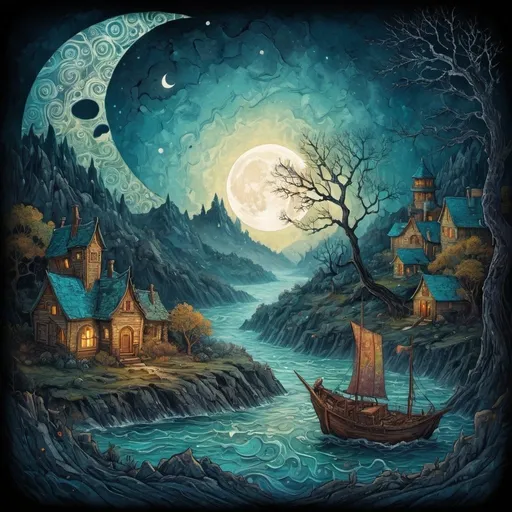 Prompt: Lost land of otherworldly dreams, fantasy, magic, ink, acrylic, double exposure, mythological, best quality, night, moon, fog, gloomy, Van Gogh, Craola, Dan Mumford, Andy Kehoe, Miyazaki, patchwork, 2d, flat, cute, adorable, vintage, art on a cracked paper, storybook detailed illustration, cinematic, ultra highly detailed, tiny details, beautiful details, mystical, luminism, vibrant colors, complex background<lora:xl_more_art-full_v1:0.5>