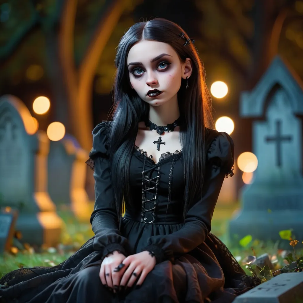 Prompt: a stunning young gothic girl sitting in the graveyard, hyper-realistic, photographic portrait, bokeh at night