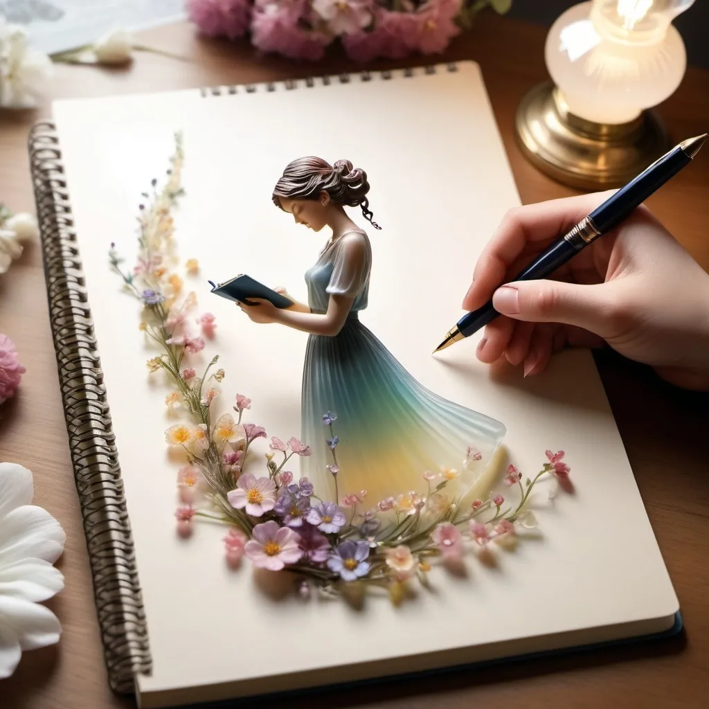 Prompt: Writer is holding a resin see through pen with beautiful soft coloured tiny flowers the flowers are spilling from the inside and out of the tip of the pen. The flowers flowing in a stream out of the pen tip forms a beautiful woman in a flowing dress landing on the page of a notebook photo realistic detailed. There is a lamp besides notebook