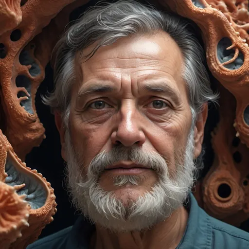Prompt: an old man, with black hair, with his chin and beard, in the style of hyperrealistic marine life, organic biomorphic forms, uhd image, terracotta, dan mumford, low depth of field, janek sedlar