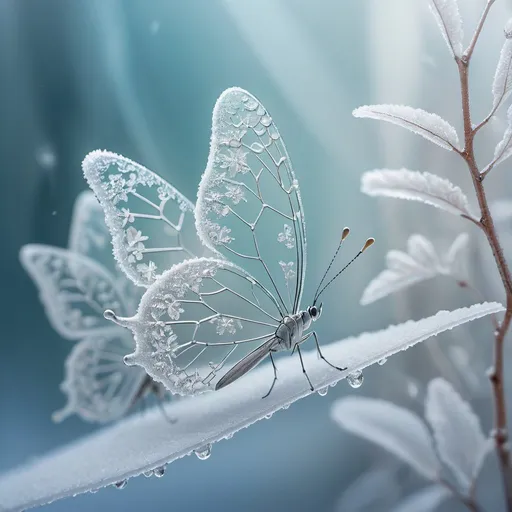 Prompt: thin, glass, crystal, transparent butterflies and frozen leaves, snow dust, ice crystals, haze, delicate image pastel colors, Miki Asai Macro photography, close-up, hyper detailed, trending on artstation, sharp focus, studio photo, intricate details, highly detailed, by greg rutkowski