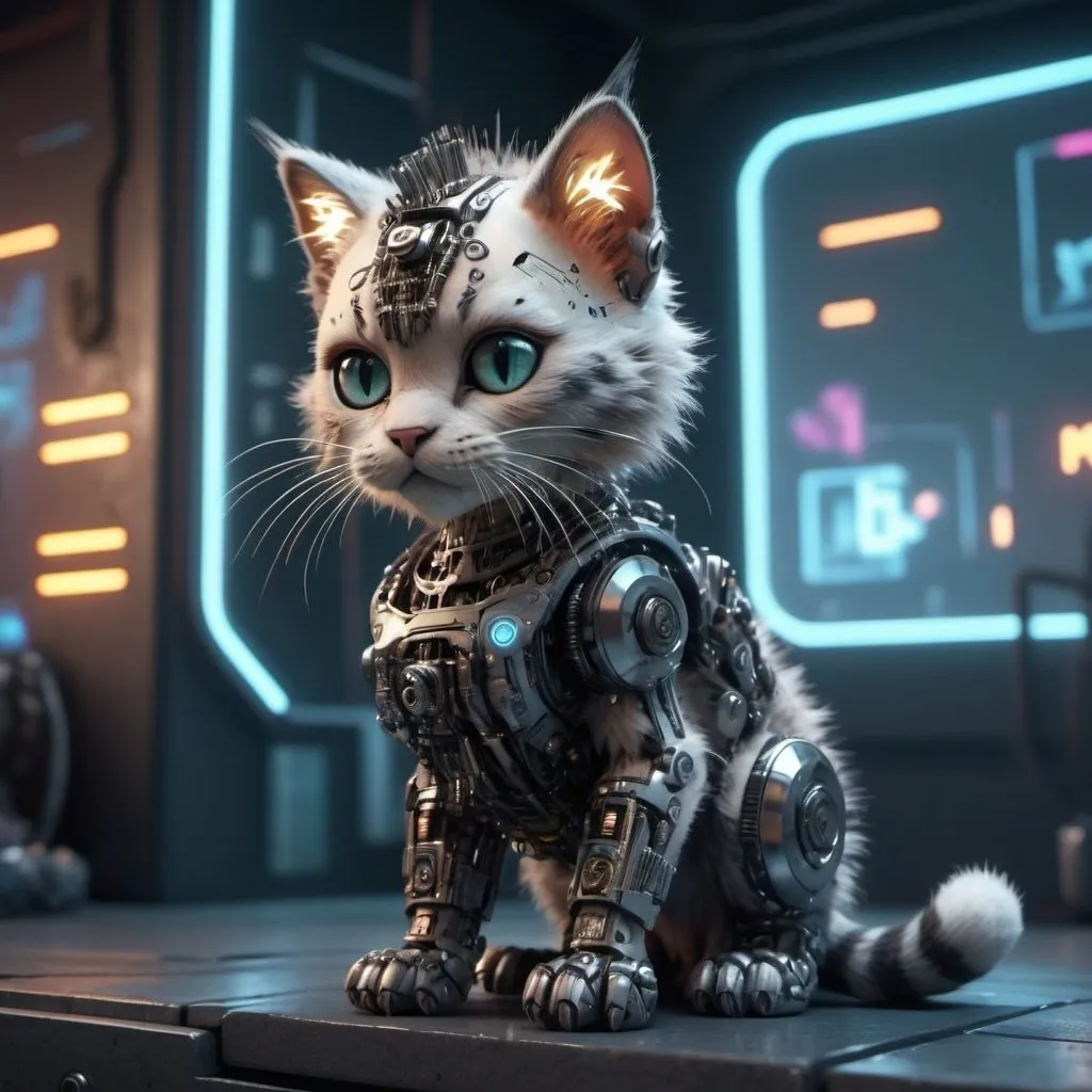 Prompt: Highly detailed kittenpunk scene, hyper-realistic 4K rendering, volumetric lighting, HD quality, futuristic cityscape backdrop, mechanical feline with intricate joints and circuit patterns, cool-toned futuristic atmosphere, detailed fur with lifelike textures, cyberpunk aesthetic, ultra-detailed, volumetric lighting, professional rendering, HD, 4K