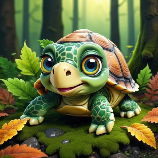 Prompt: A cute cartoon turtle, in the forest on moss and leaves, adorable big eyes, photo-realistic in the style of, vibrant colors, hyper-detailed, cinematic look, volumetric light