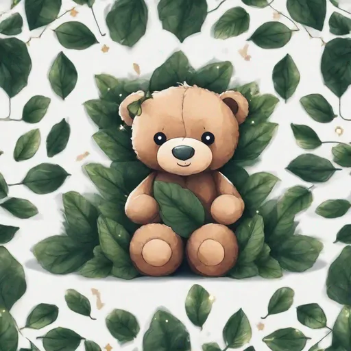 Prompt: A cute teddy bear made up of dark green leaves and twinkle lights perfect for profile picture