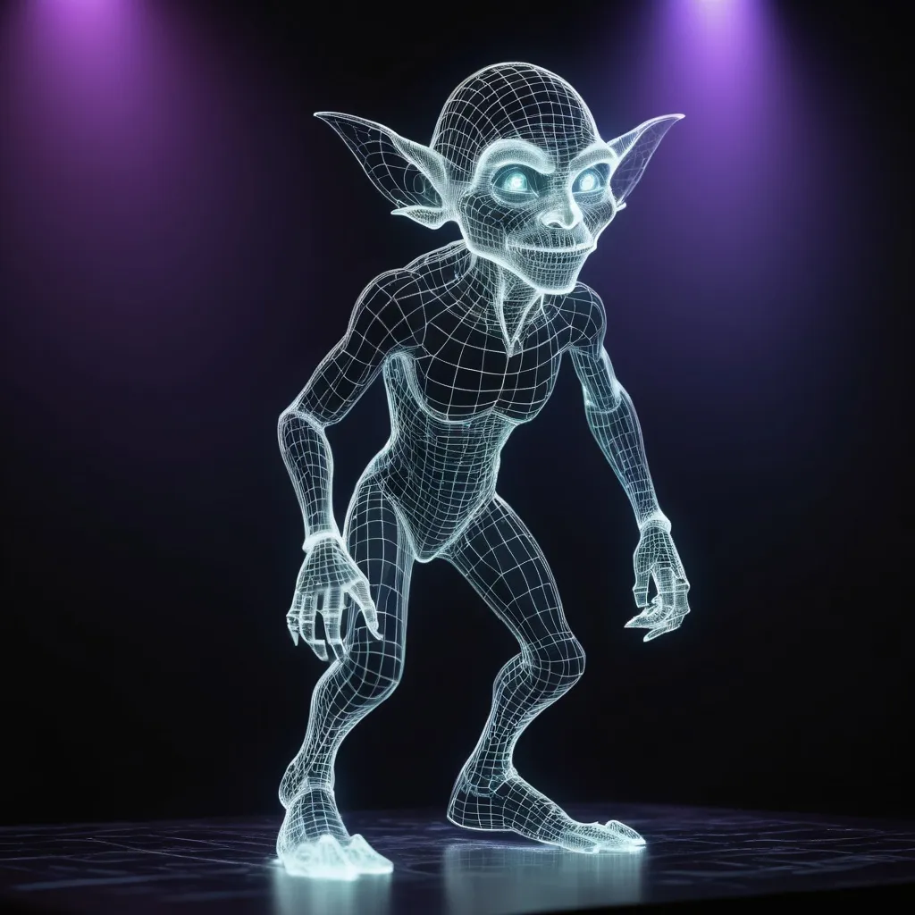 Prompt: 3D transparent holographic projection of a (holographic glowing wireframe goblin character:1.3), transparent, translucent, glowing, holographic, ghost, pellucid floating above a stage, transparent