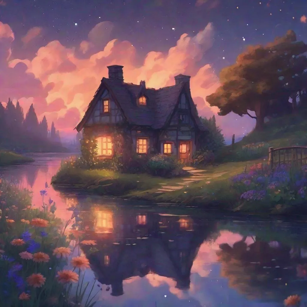 Prompt: Aesthetic, beautiful, painting, witch's cottage, chimney smoke, fantasy, adventure, river, soft, art, RPG, highres, illustration, starry sky, wonderland, wildflowers, cute, lake, sunset