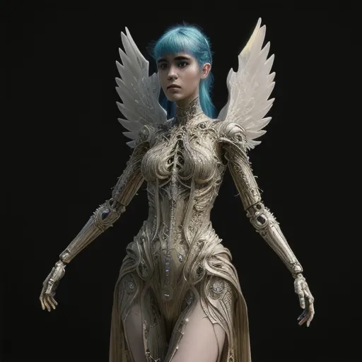 Prompt: full view, full body view, ethereal techno fantasy inspired by grimes, smooth soft skin, detailed eyes, techno clothing, fantasy clothing, ethereal, futurism, perfect composition, detailed face, intricate, mechanical wings, detailed gown, realistic concept art, digital, rich 3d render, hyper-realistic, cinema 4D render, unreal engine 5,  perfect anatomy, 
art station, sharp focus, 8k, sf, intricate artwork masterpiece, ominous, intricate, epic, highly detailed, vibrant, production cinematic character render, ultra high quality model, sf, sf, intricate artwork masterpiece, golden ratio