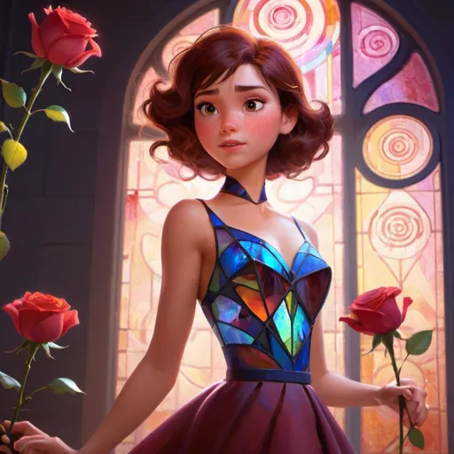 Prompt: beautiful woman wearing a dress made from stained space glass in the design of a rose. painting by artgerm and greg rutkowski and ilya kuvshinov paul lerh