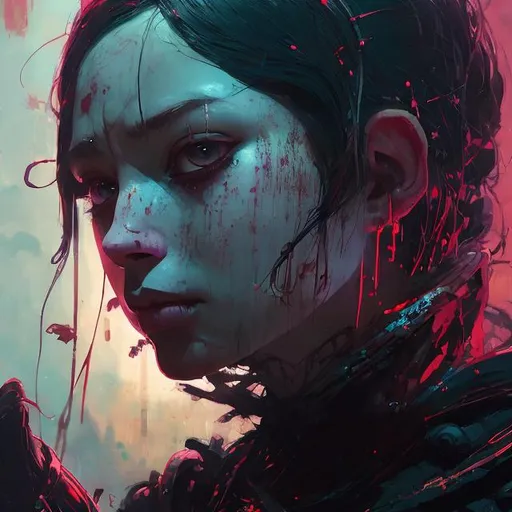 Prompt: closeup illustration of a pitch darkness portrait ,  fluorescent handprint on model's face,   serpan warrior, grunge, atey ghailan, Art by Jock,  pino daeni , art by lois van baarle and loish and ross tran , Charles Vess, Chiho Aoshima , Kay Nielsen, dark ambient, chiaroscuro, Simon Bisley, and H.R. Giger. insist artstation, art by stanley artgerm, painting by daniel f gerhartz,  art by Andrew Atroshenko, 

